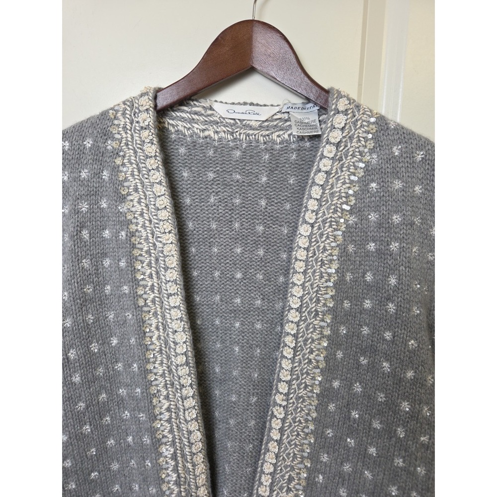 Vtg 90s Y2K OSCAR DE LA RENTA Cashmere Beaded Sequin Cardigan Jacket Gray Sz M - Picture 3 of 14